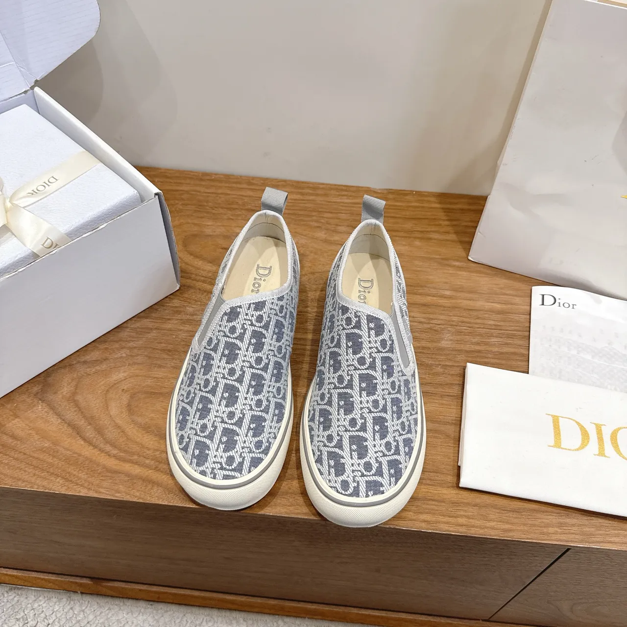 Dior Gray Blue Monogram Jacquard Upper Slip-On Construction Casual Shoes 5