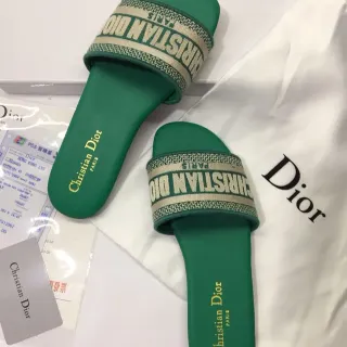 Dior Green Beige Wide Woven Logo Strap Reversed Lettering Slippers