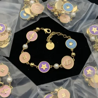 Dior Pink Purple Gold-Tone Chain Enamel Disc Charms Bracelet