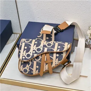 Dior Saddle Navy Beige Monogrammed Canvas Tan Leather Trim Saddle Bag
