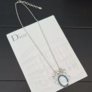 Dior Silver Blue Chain Enamel Oval Pendant Necklace