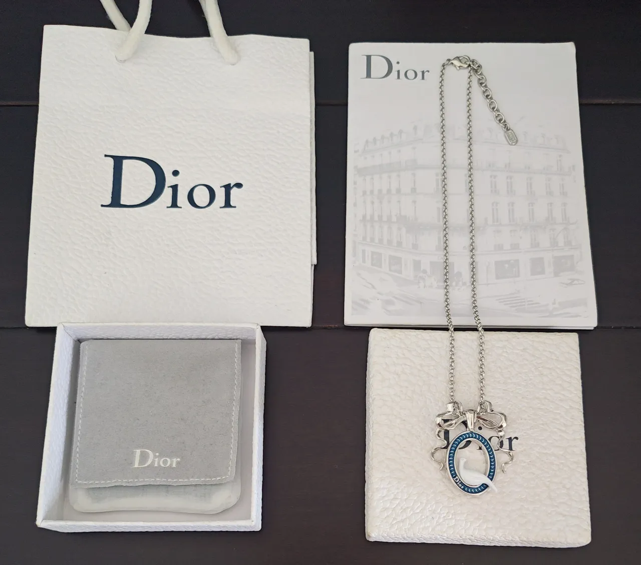 Dior Silver Blue Chain Enamel Oval Pendant Necklace 3