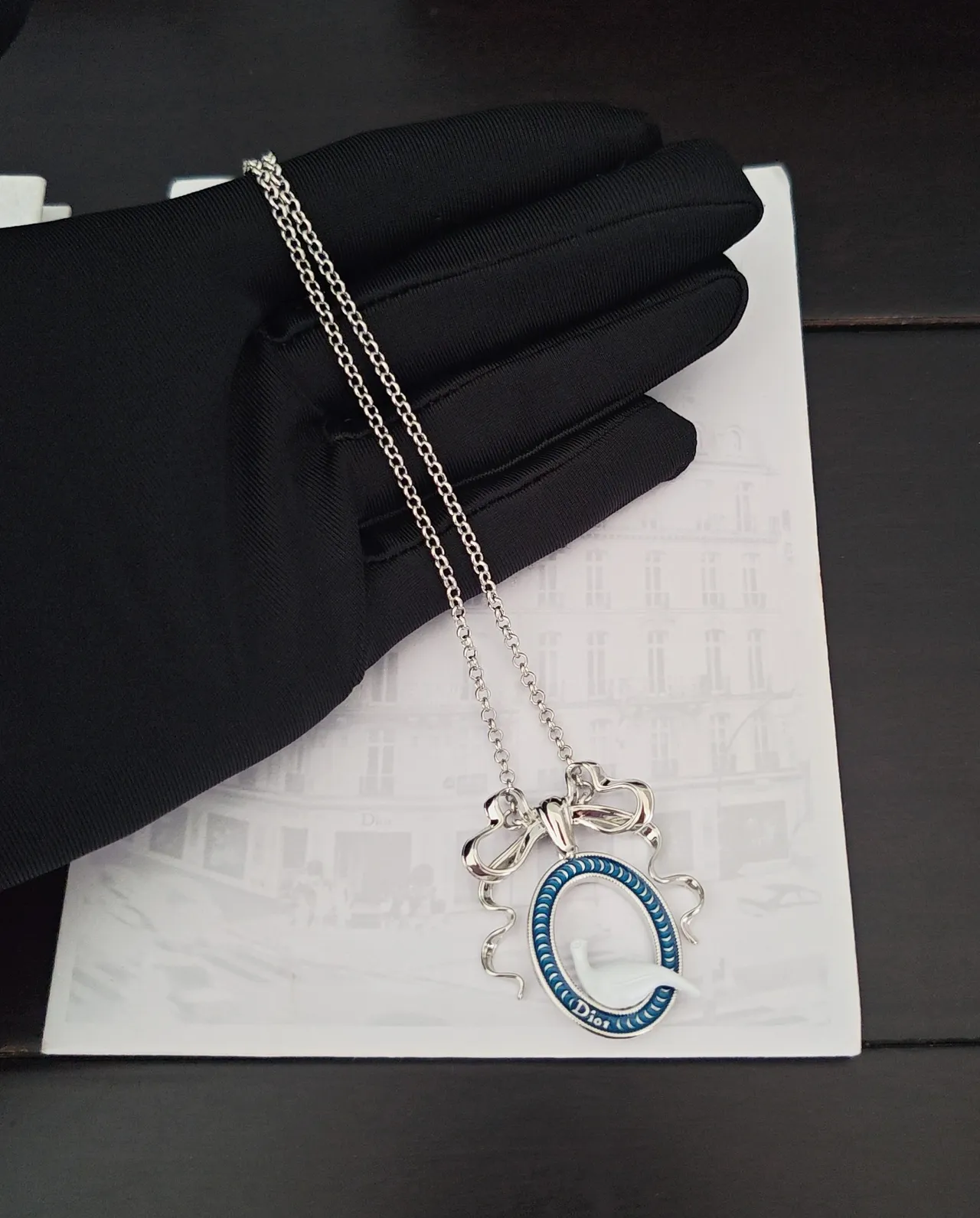 Dior Silver Blue Chain Enamel Oval Pendant Necklace 4