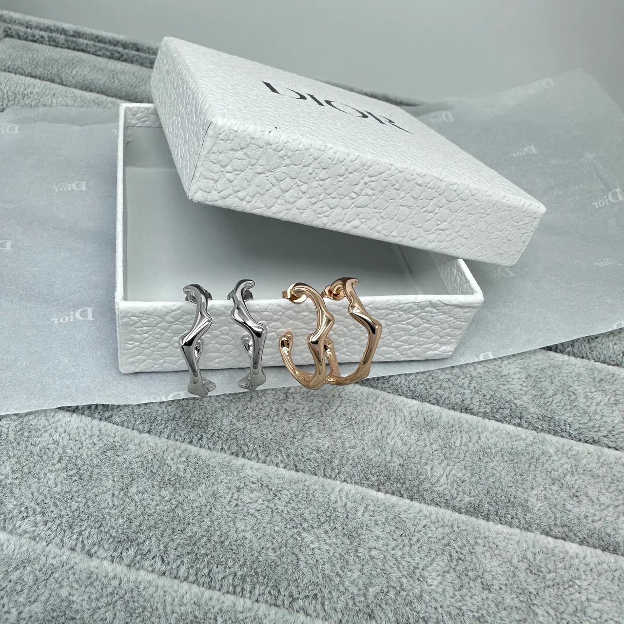 Dior Silver Gold Asymmetrical Organic Hoop Textured Irregular Outline Earrings 6