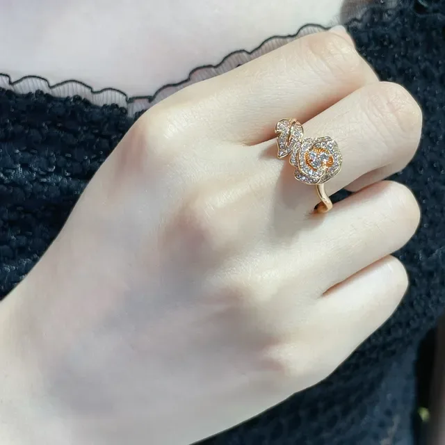 Dior Silver Gold Rose-Shaped Pavé-Set Ring 9