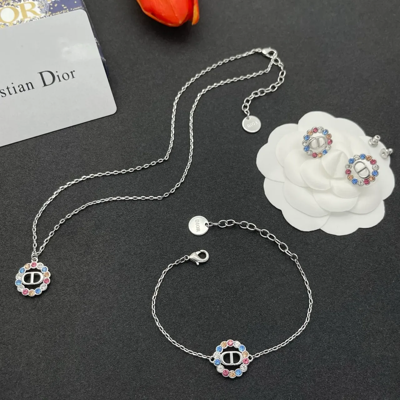 Dior Silver Multicolor Chain Crystal-Embellished CD Charm Bracelet 4