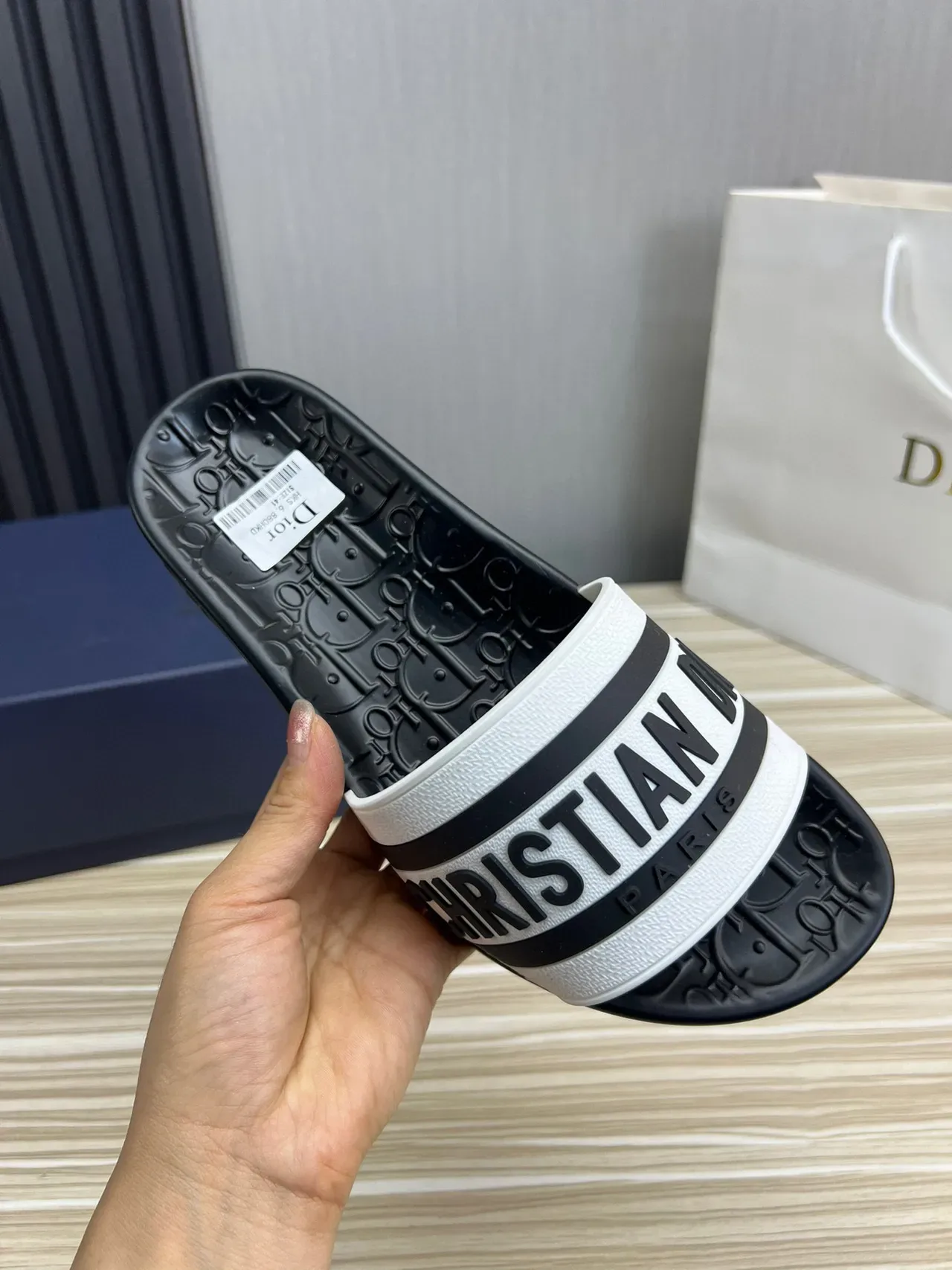 Dior Slide Sandal Black and White Logo Strap Slippers 4