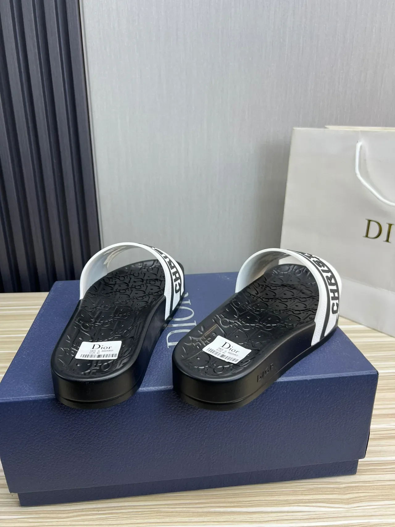 Dior Slide Sandal Black and White Logo Strap Slippers 6