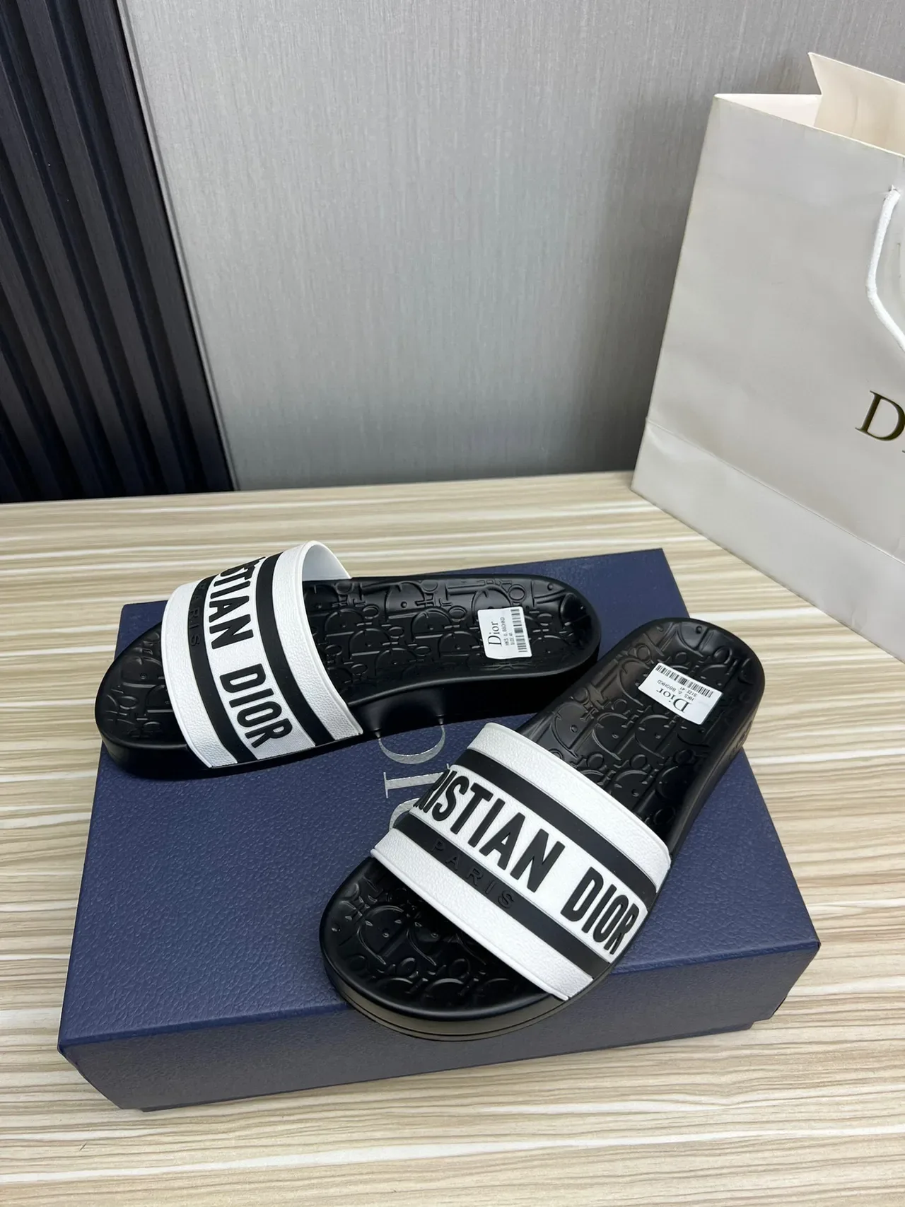 Dior Slide Sandal Black and White Logo Strap Slippers 8