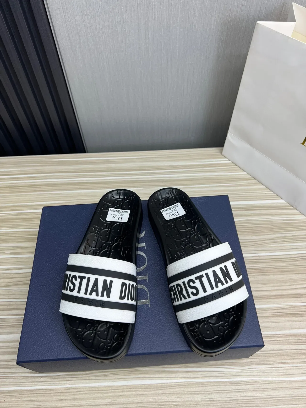 Dior Slide Sandal Black and White Logo Strap Slippers 9