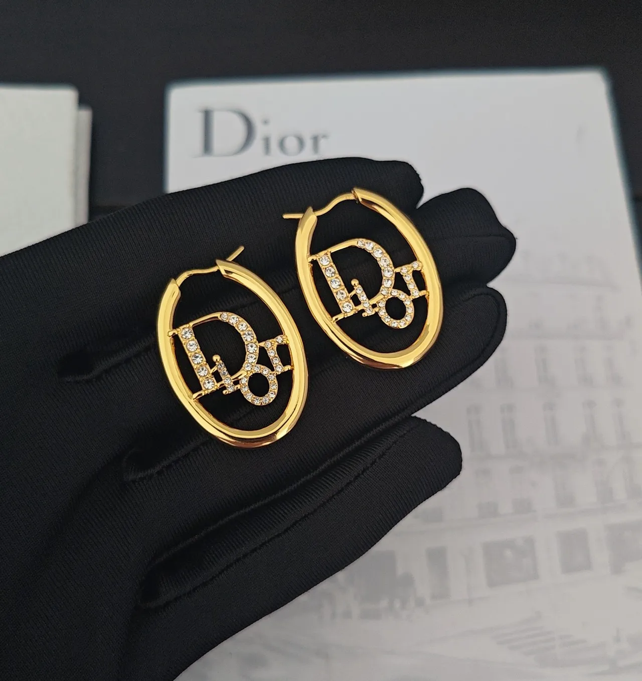 Dior Tribales Gold Transparent Oval Hoops Crystal-Pavé Monogram Earrings 2
