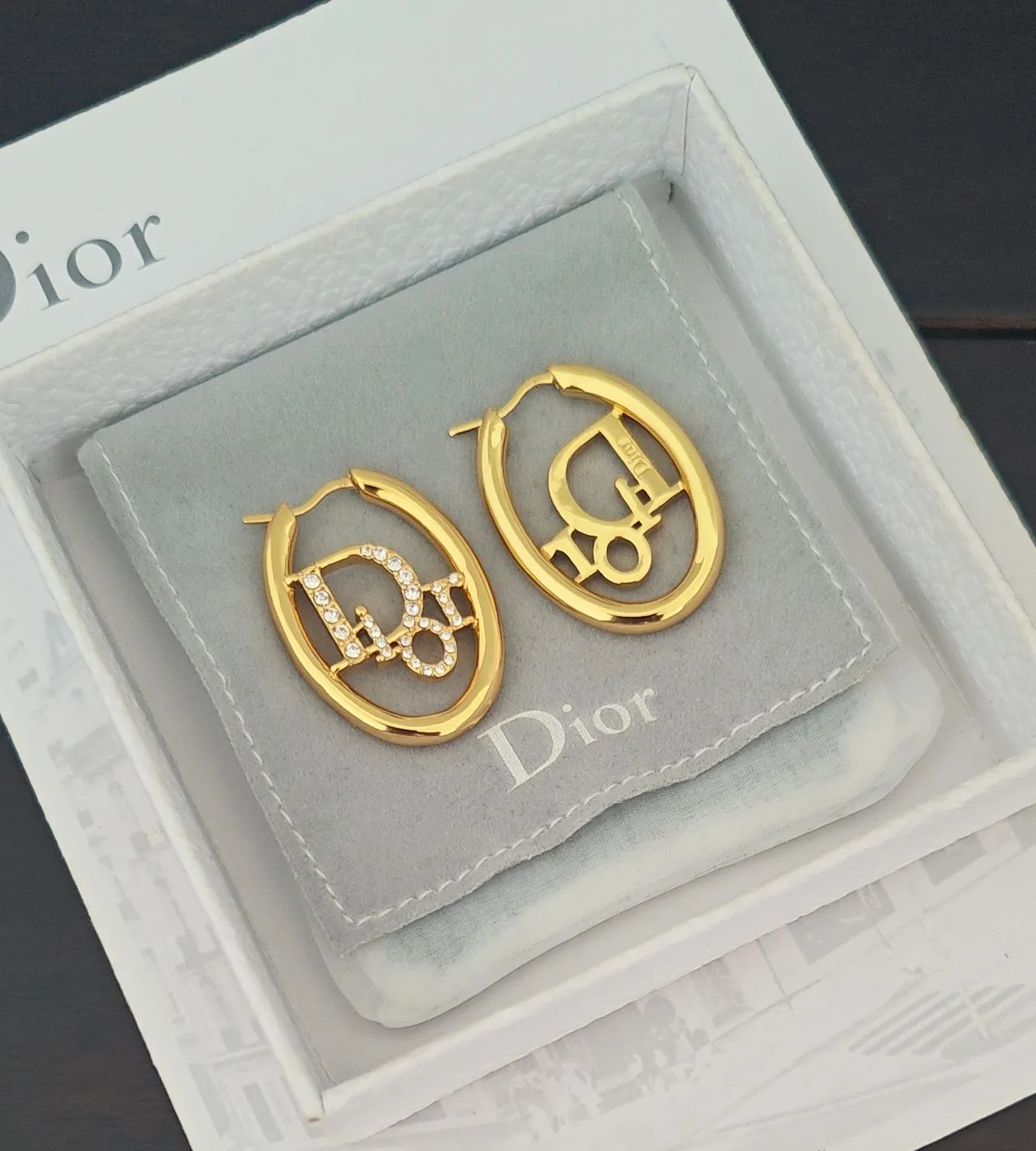 Dior Tribales Gold Transparent Oval Hoops Crystal-Pavé Monogram Earrings 3