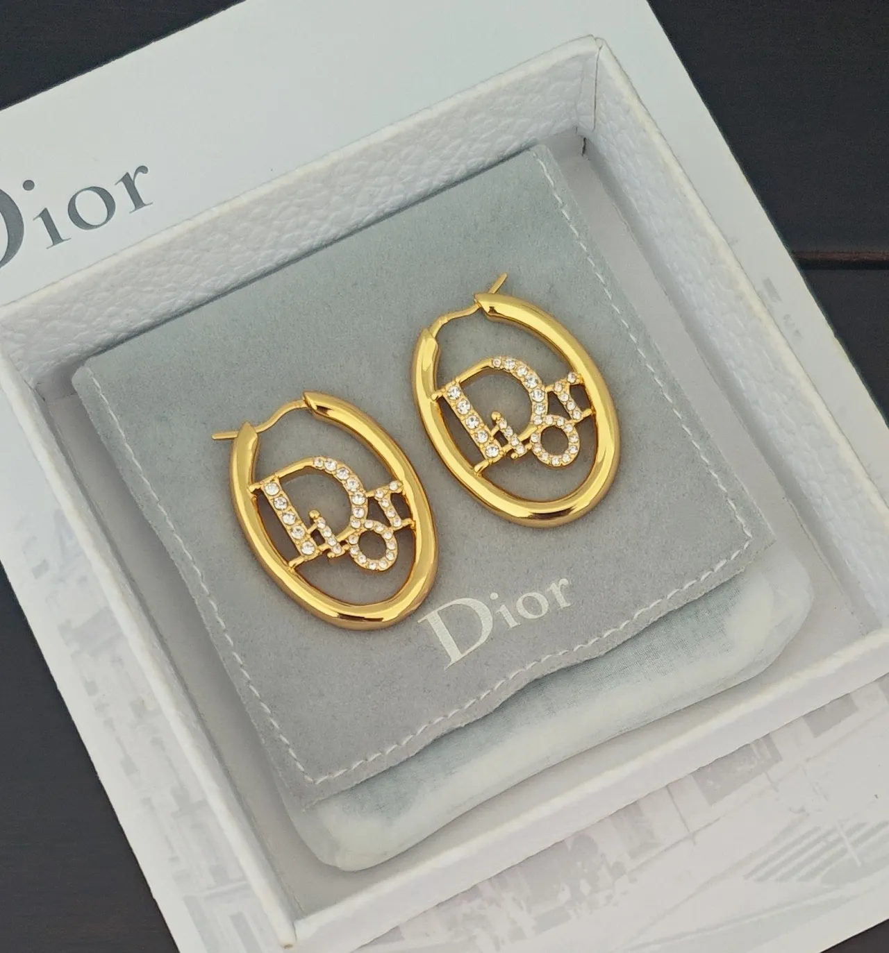 Dior Tribales Gold Transparent Oval Hoops Crystal-Pavé Monogram Earrings 4
