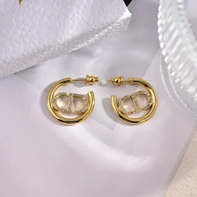 Dior Tribales Gold White Hoop Crystal-Pavé CD Logo Earrings 2