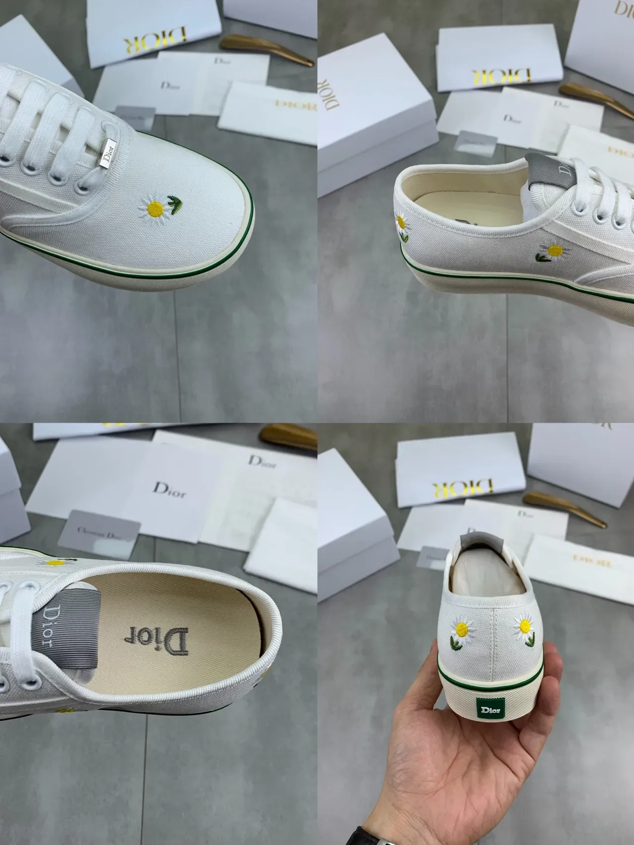 Dior tênis lifestyle branco e verde superior de canvas bordados com margaridas 2