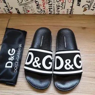 Dolce & Gabbana Black White Logo-Band Strap Textured Rubber Sole Slippers