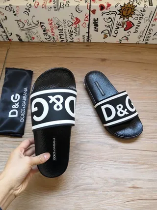 Dolce & Gabbana Black White Logo-Band Strap Textured Rubber Sole Slippers 4