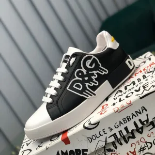 Dolce & Gabbana Portofino 黑白 图形 Logo 刺绣 双色皮革鞋面 生活方式运动鞋