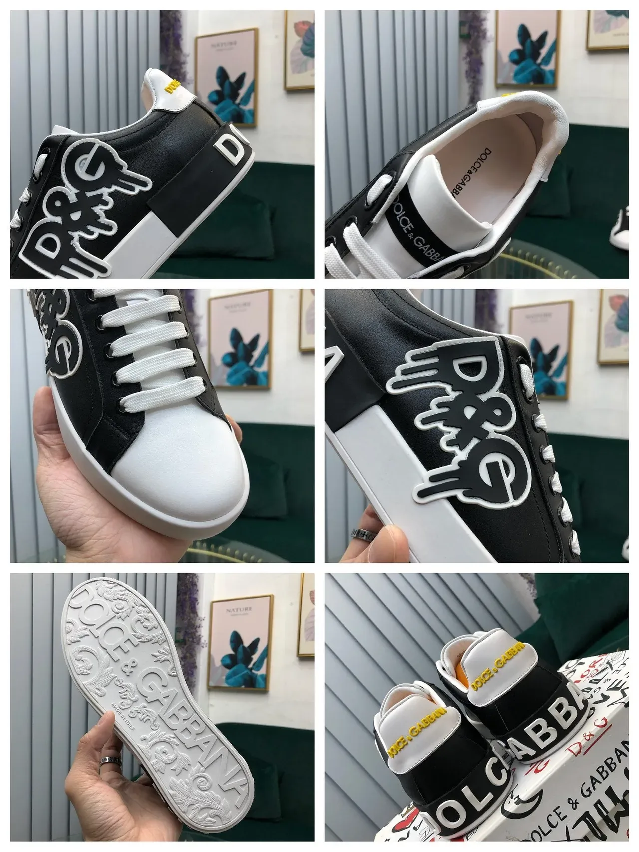 Dolce & Gabbana Portofino Noir Blanc Graphique Logo Appliqué Cuir Bicolore Partie Supérieure Sneakers Lifestyle 2