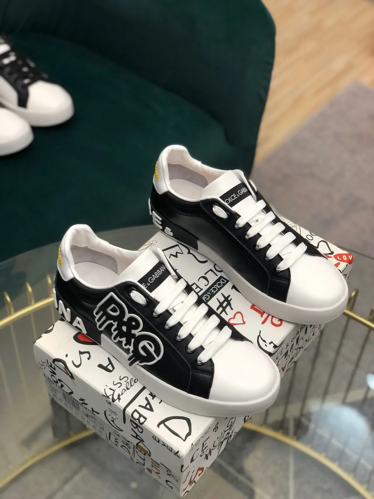 Dolce & Gabbana Portofino Noir Blanc Graphique Logo Appliqué Cuir Bicolore Partie Supérieure Sneakers Lifestyle 6
