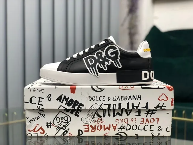 Dolce & Gabbana Portofino Noir Blanc Graphique Logo Appliqué Cuir Bicolore Partie Supérieure Sneakers Lifestyle 8