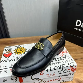 Dolce & Gabbana Portofino 黑色金色皮革 Logo 扣带 Loafer