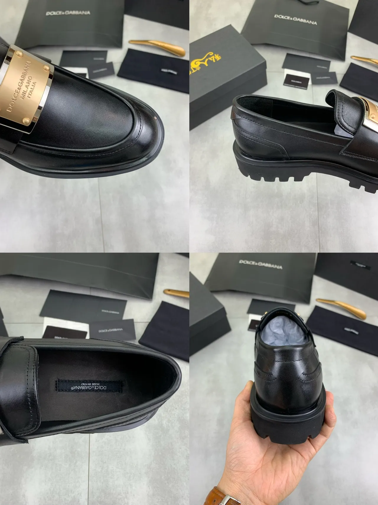Dolce & Gabbana Portofino noir doré cuir plaque loafers 3