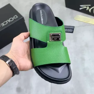 Dolce & Gabbana Portofino Green Pebbled Leather Slide Slippers