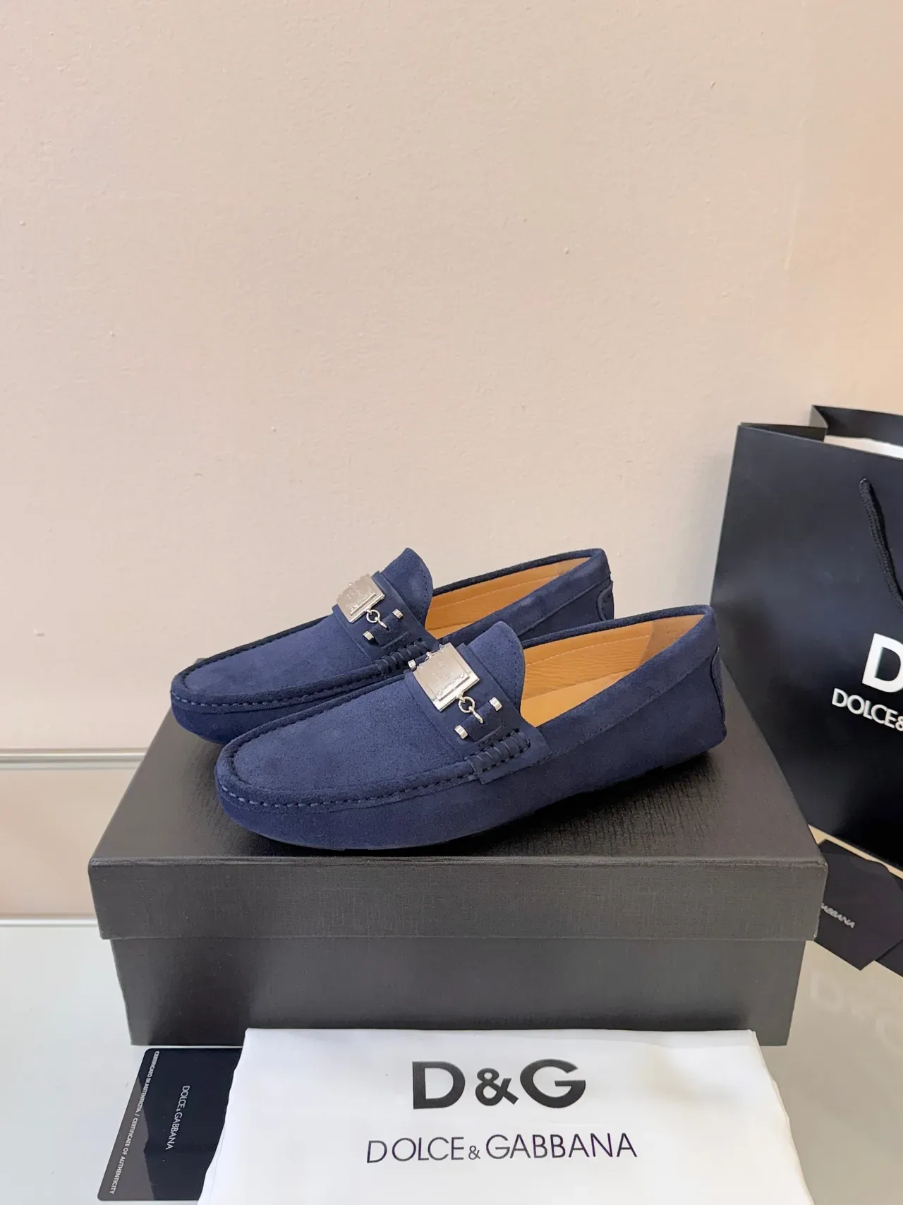 Dolce & Gabbana Portofino Azul Marinho Dourado Suede Metal Horsebit Buckle Mocassim 2