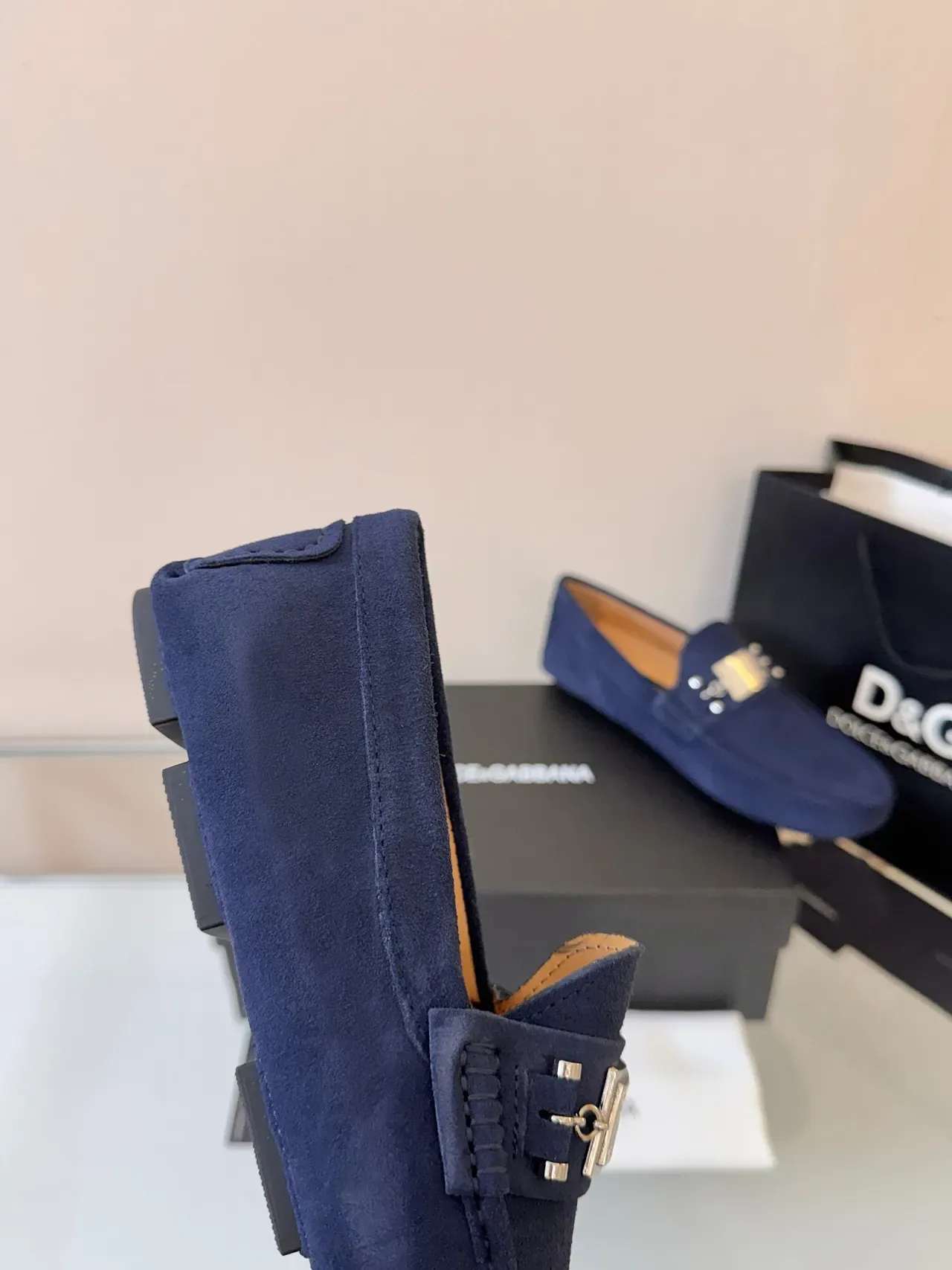 Dolce & Gabbana Portofino Azul Marinho Dourado Suede Metal Horsebit Buckle Mocassim 3