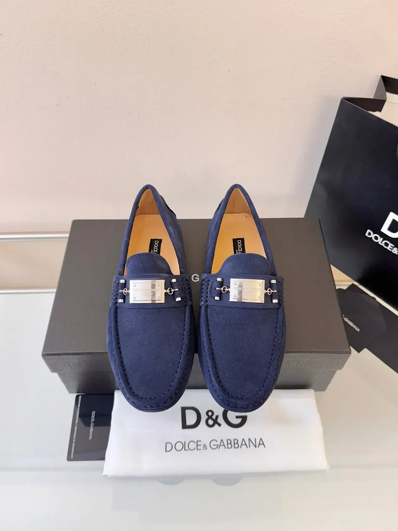 Dolce & Gabbana Portofino Azul Marinho Dourado Suede Metal Horsebit Buckle Mocassim 6
