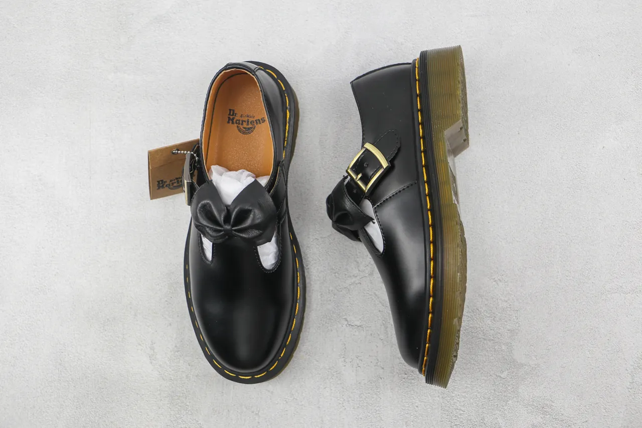 Dr. Martens Black Yellow Leather Bow Accent Mary Jane Shoes 3