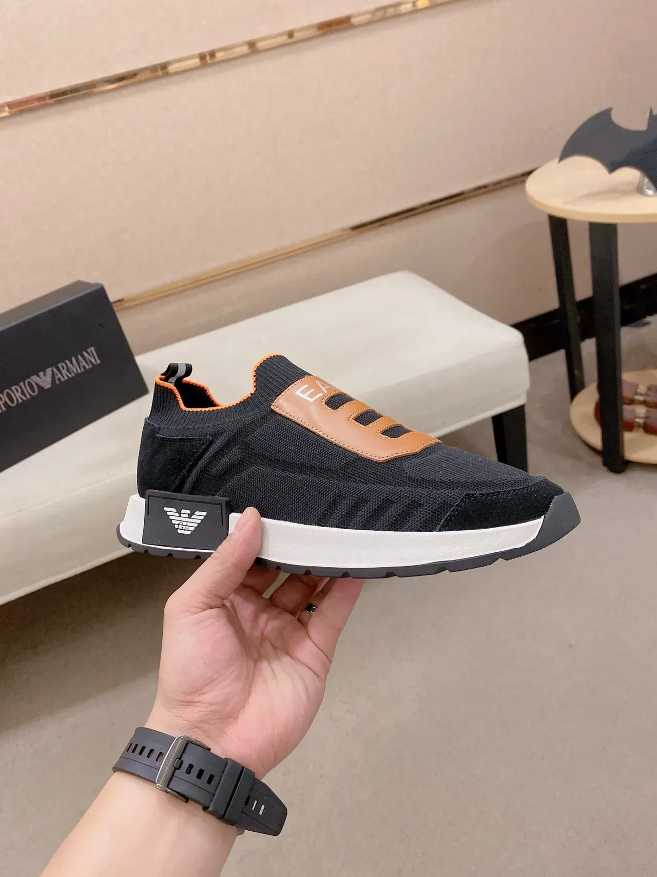 Emporio Armani Black Brown Slip-On Knit Upper Lifestyle Sneakers 5