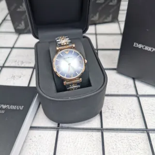 Emporio Armani Blue Gold Round Case Two-Tone Metal Bracelet Quartz Watch