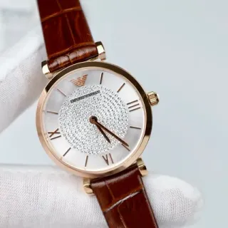 Emporio Armani Brown Gold Round Case Pavé Crystal Dial Center Quartz Watch
