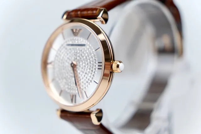 Emporio Armani بني ذهبي حالة دائرية مرصعة بالكريستال مركز ساعة كوارتز 5