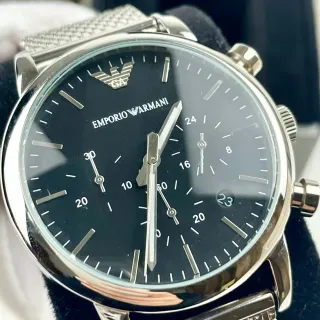 Emporio Armani Chronograph Black Dial Silver-Tone Mesh Bracelet Mechanical Watch