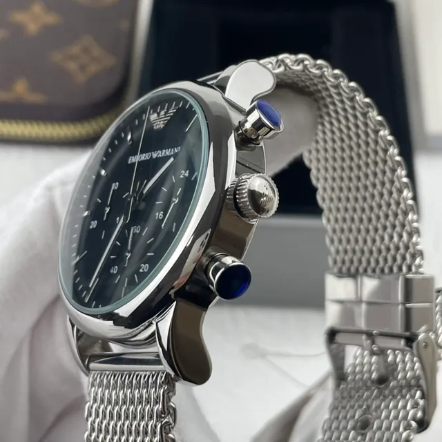 Emporio Armani Chronographe Cadran noir Bracelet maille argentée Montre mécanique 11
