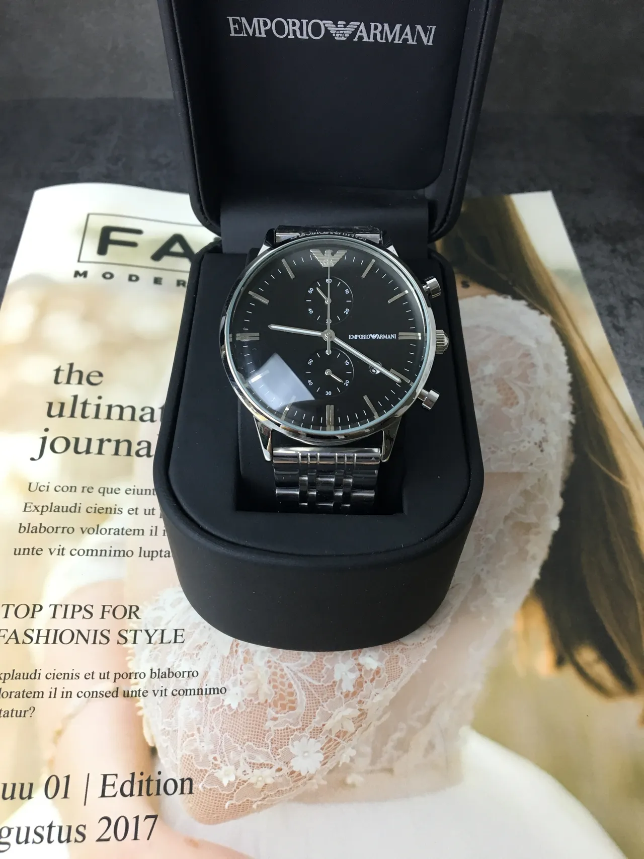 Emporio Armani Cronógrafo Esfera Preta Aço Inoxidável Relógio Mecânico 3