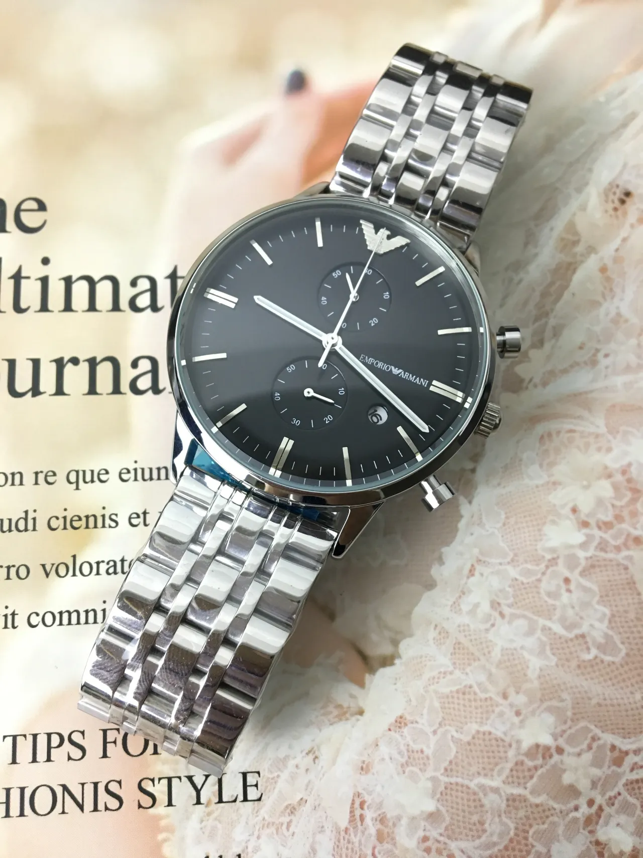 Emporio Armani Cronógrafo Esfera Preta Aço Inoxidável Relógio Mecânico 5