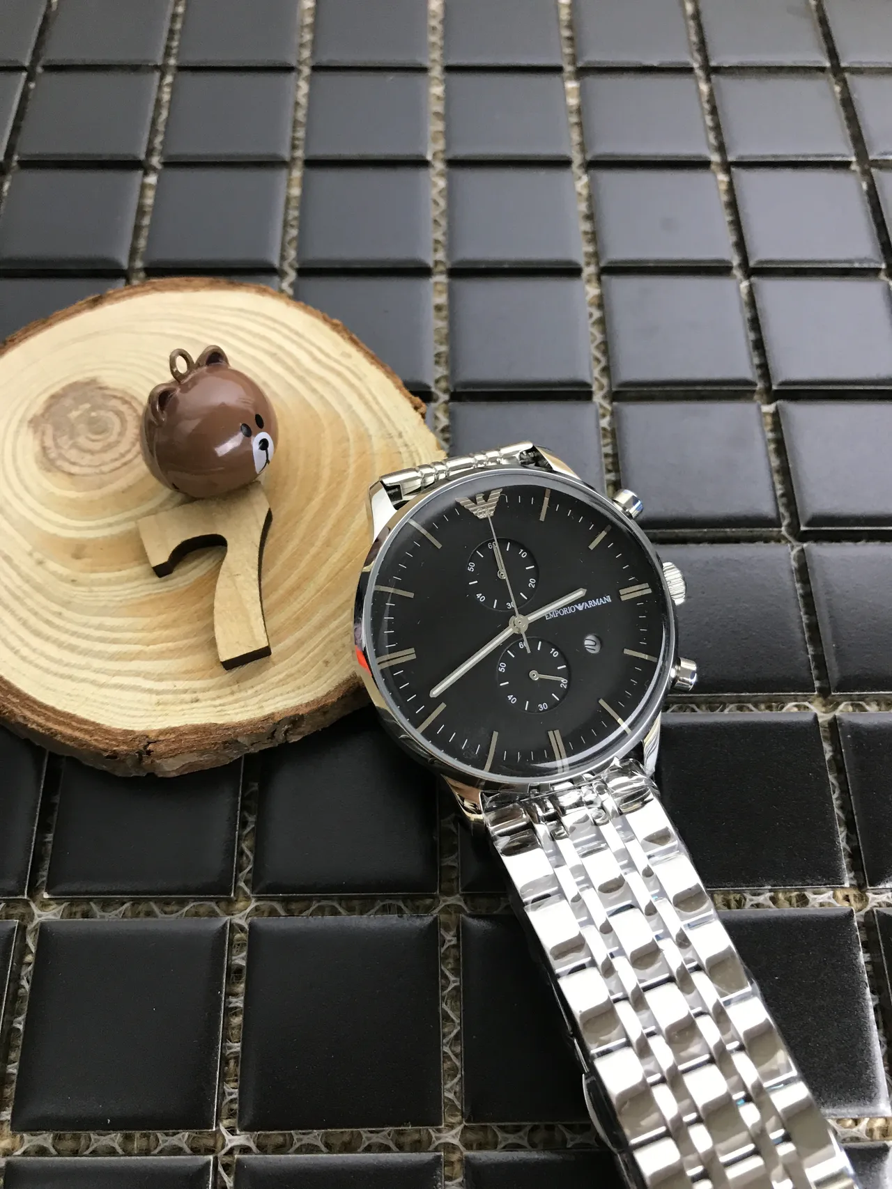 Emporio Armani Cronógrafo Esfera Preta Aço Inoxidável Relógio Mecânico 7
