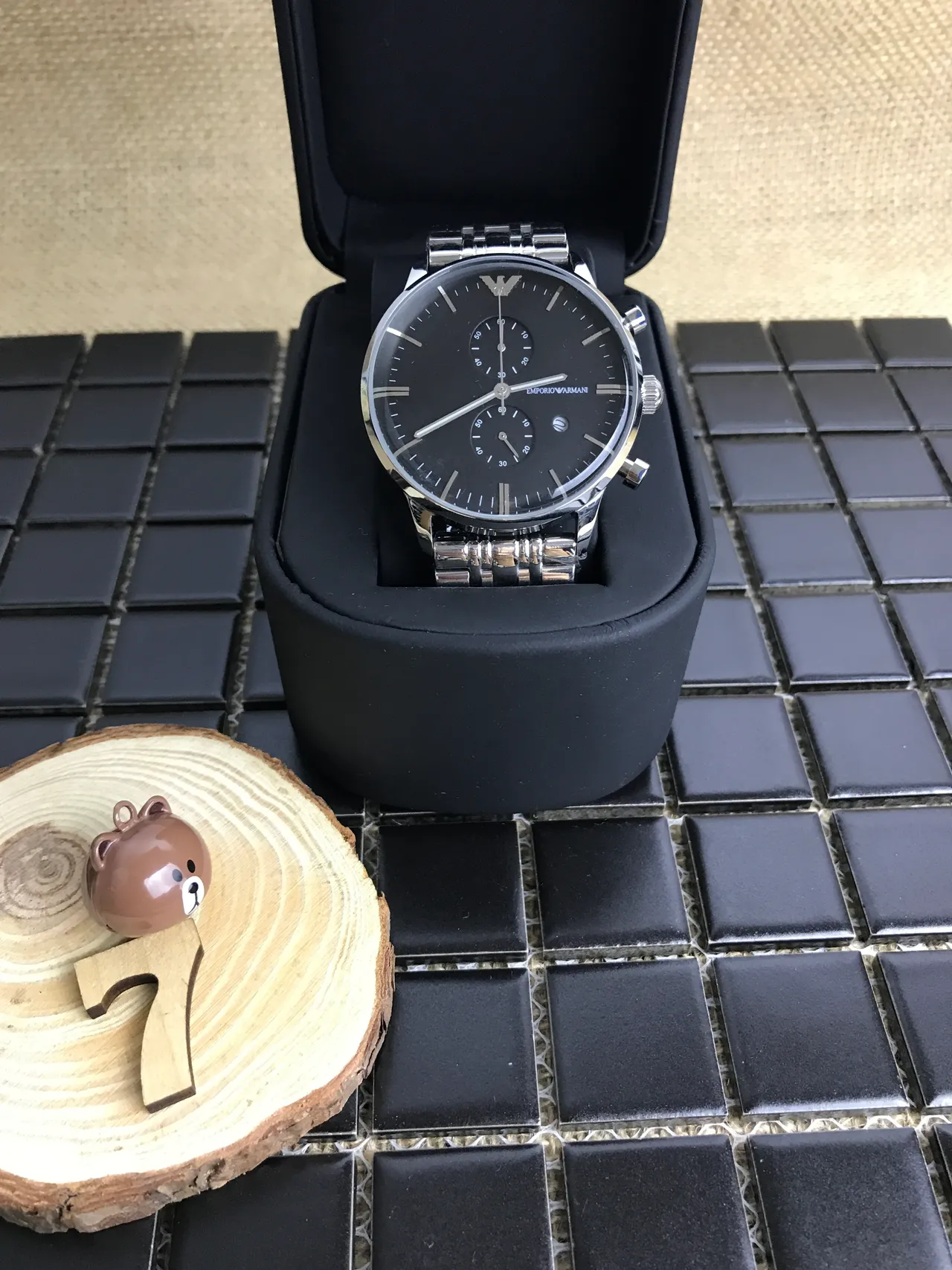 Emporio Armani Cronógrafo Esfera Preta Aço Inoxidável Relógio Mecânico 8