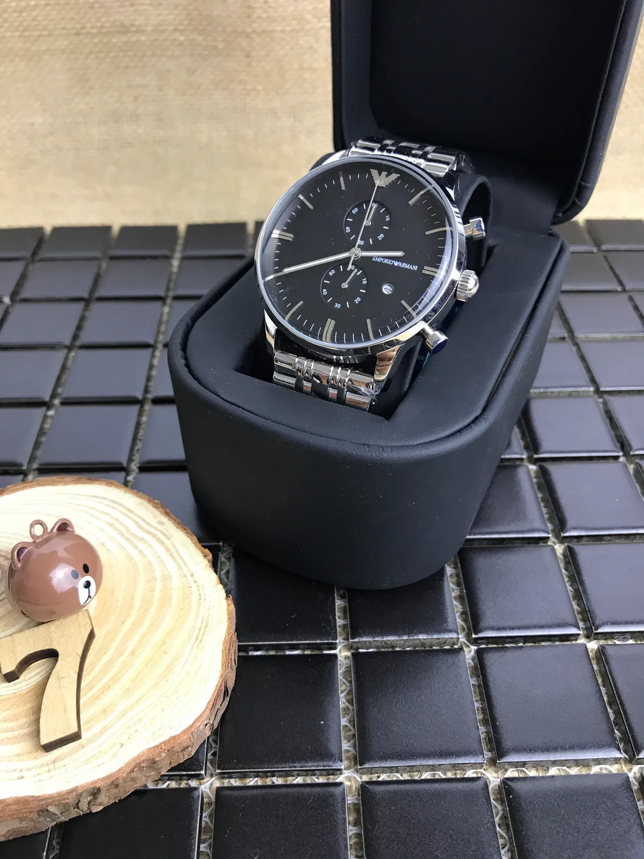 Emporio Armani Cronógrafo Esfera Preta Aço Inoxidável Relógio Mecânico 9