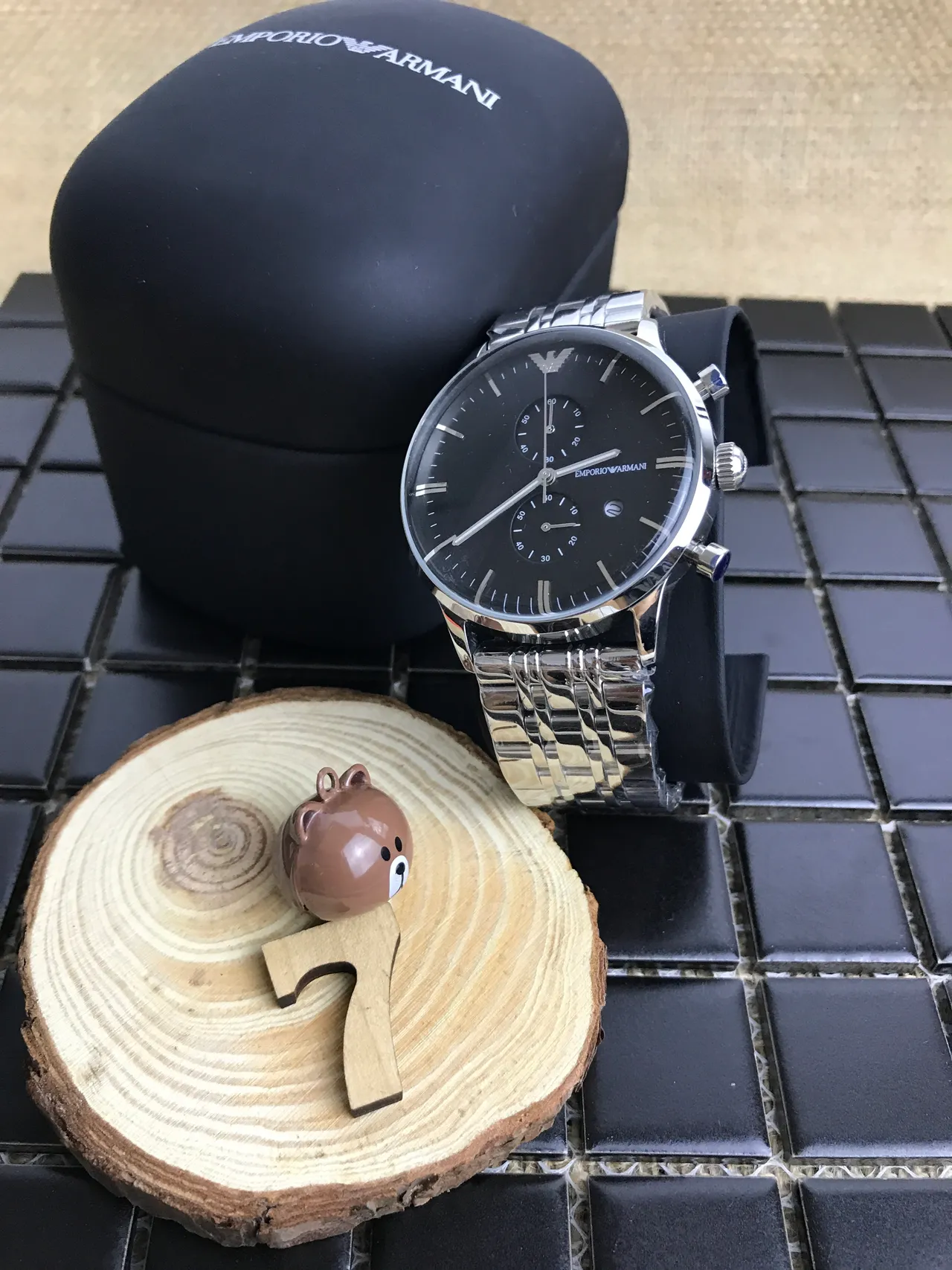 Emporio Armani Cronógrafo Esfera Preta Aço Inoxidável Relógio Mecânico 10