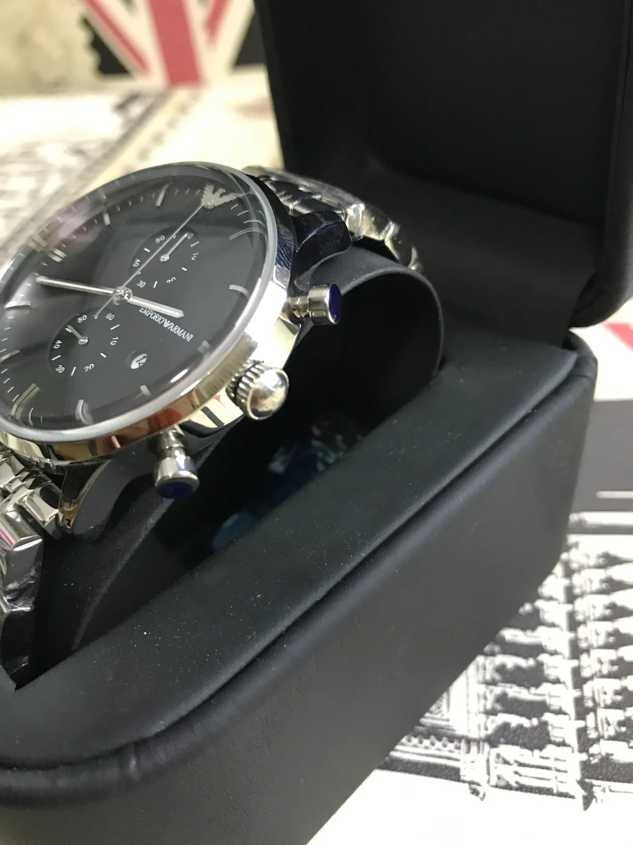 Emporio Armani Cronógrafo Esfera Preta Aço Inoxidável Relógio Mecânico 12