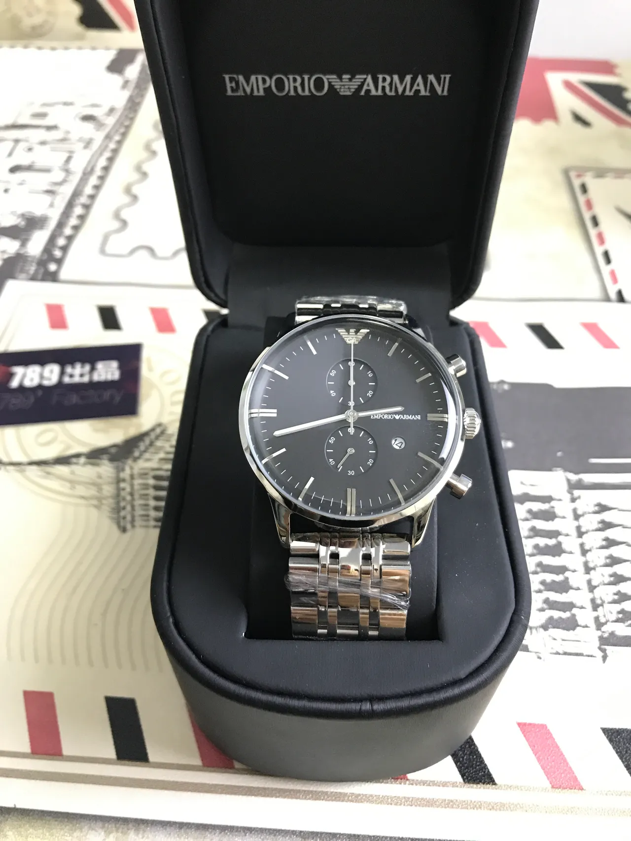 Emporio Armani Cronógrafo Esfera Preta Aço Inoxidável Relógio Mecânico 14