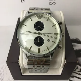 Emporio Armani Chronograph Silver-Tone Stainless Steel White Dial Quartz Watch