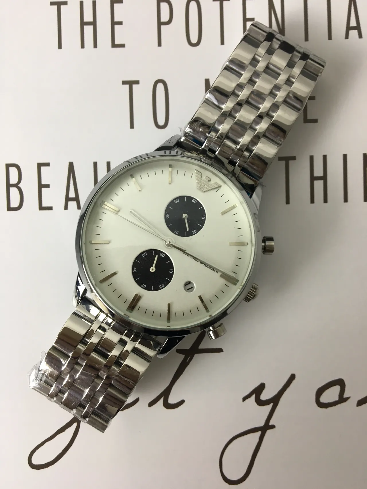Emporio Armani Chronographe Acier Inoxydable Argenté Cadran Blanc Montre Quartz 4