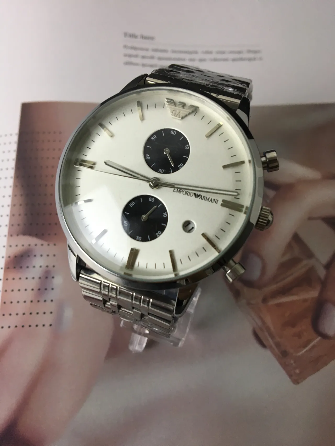 Emporio Armani Chronographe Acier Inoxydable Argenté Cadran Blanc Montre Quartz 6