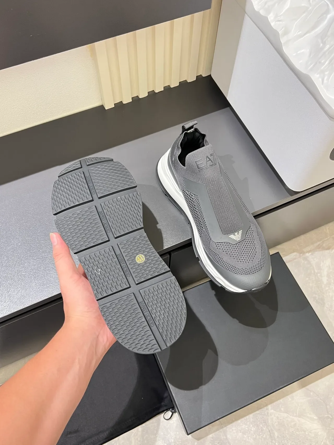Emporio Armani EA7 Gray Knit Slip-On Lifestyle Sneakers 3